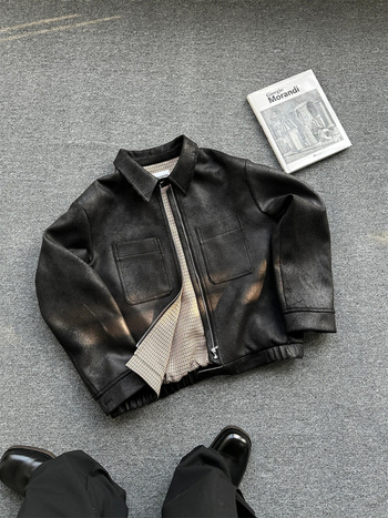 Американски стил ретро PU кожено късо яке за мъже, модел houndstooth, яка тип лапел, закопчаване с цип, без качулка, есенно-зимно външно облекло