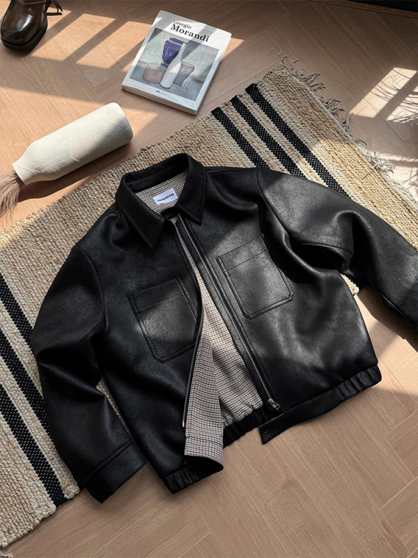 Американски стил ретро PU кожено късо яке за мъже, модел houndstooth, яка тип лапел, закопчаване с цип, без качулка, есенно-зимно външно облекло