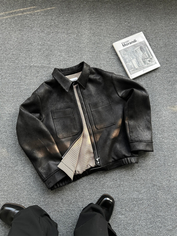 Американски стил ретро PU кожено късо яке за мъже, модел houndstooth, яка тип лапел, закопчаване с цип, без качулка, есенно-зимно външно облекло