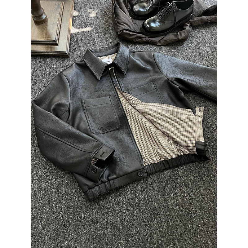 Американски стил ретро PU кожено късо яке за мъже, модел houndstooth, яка тип лапел, закопчаване с цип, без качулка, есенно-зимно външно облекло