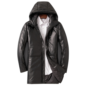 Мъжко кожено яке с пухена подплата, Haining, средна дължина, корейски стил, тясна кройка, с качулка, ежедневно кожено яке