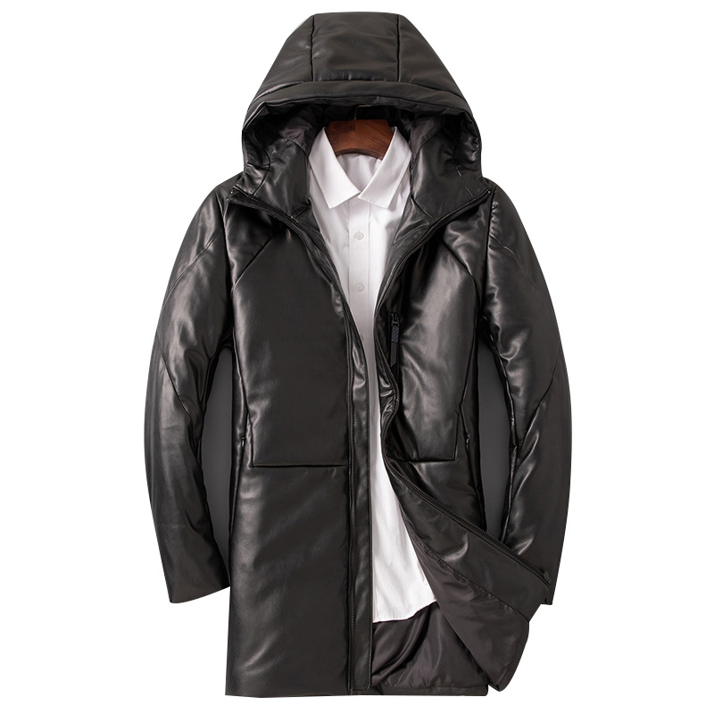 Мъжко кожено яке с пухена подплата, Haining, средна дължина, корейски стил, тясна кройка, с качулка, ежедневно кожено яке