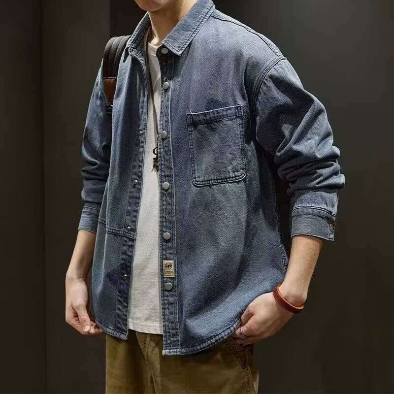 Мъжко дънено яке-риза, свободна кройка, oversize, пролетно-есенно, японски стил улична мода
