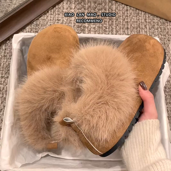 Ženske papuče u stilu Birkenstock, s debelom sole, podstava od pliša i krzna od zeca, unutarnje povećanje visine, tople zimske papuče
