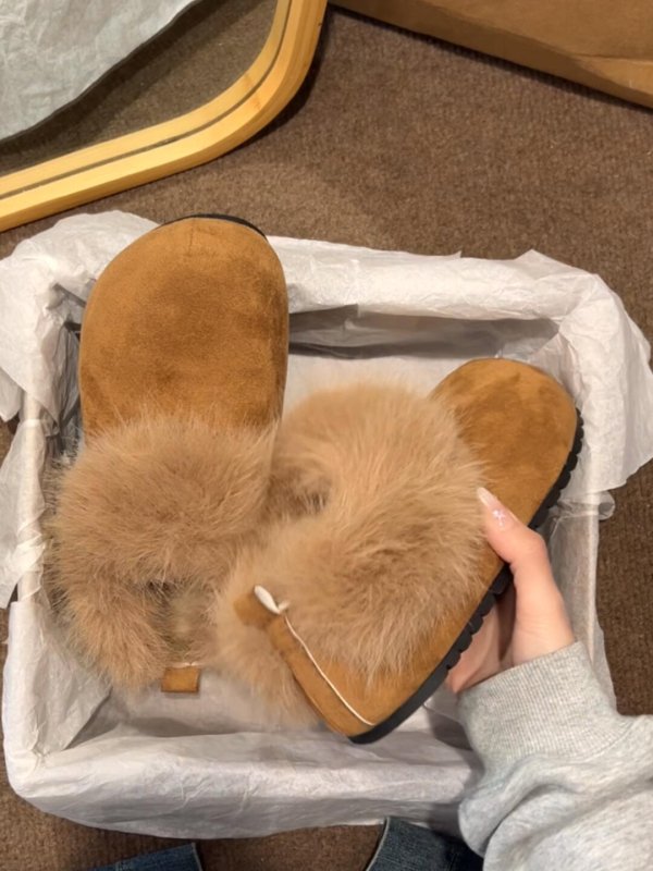 Ženske papuče u stilu Birkenstock, s debelom sole, podstava od pliša i krzna od zeca, unutarnje povećanje visine, tople zimske papuče