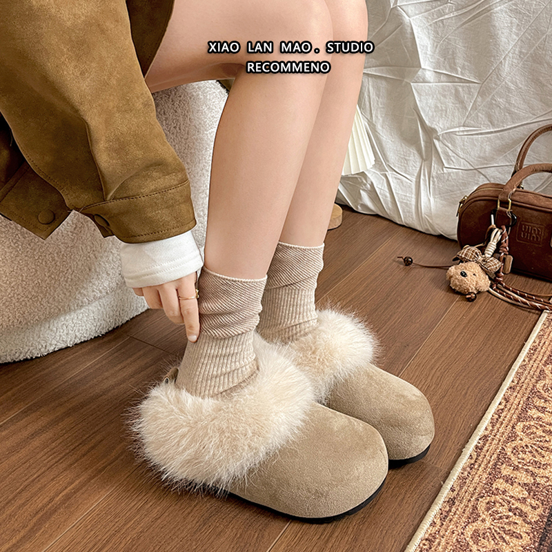 Ženske papuče u stilu Birkenstock, s debelom sole, podstava od pliša i krzna od zeca, unutarnje povećanje visine, tople zimske papuče