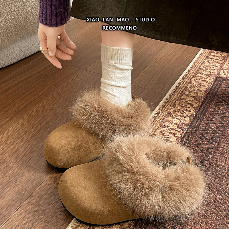Ženske papuče u stilu Birkenstock, s debelom sole, podstava od pliša i krzna od zeca, unutarnje povećanje visine, tople zimske papuče