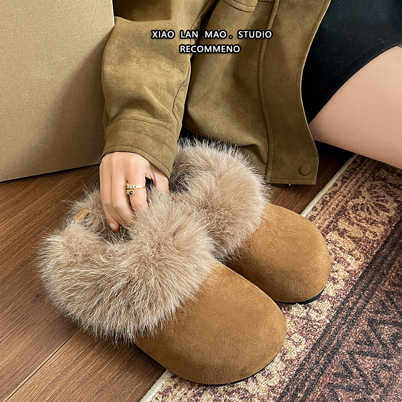 Ženske papuče u stilu Birkenstock, s debelom sole, podstava od pliša i krzna od zeca, unutarnje povećanje visine, tople zimske papuče