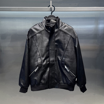 Izvorni dizajn, jesen 2025, retro PU jakna sa stojećim ovratnikom, crna, casual biker stil za muškarce
