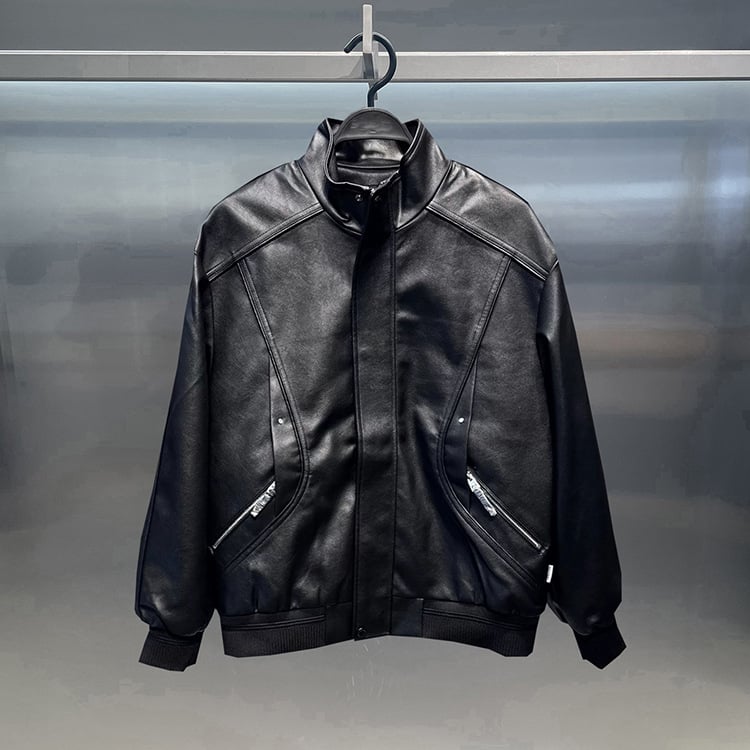 Izvorni dizajn, jesen 2025, retro PU jakna sa stojećim ovratnikom, crna, casual biker stil za muškarce