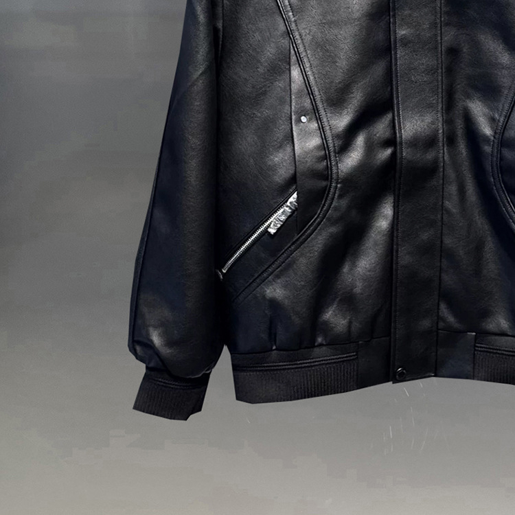 Izvorni dizajn, jesen 2025, retro PU jakna sa stojećim ovratnikom, crna, casual biker stil za muškarce