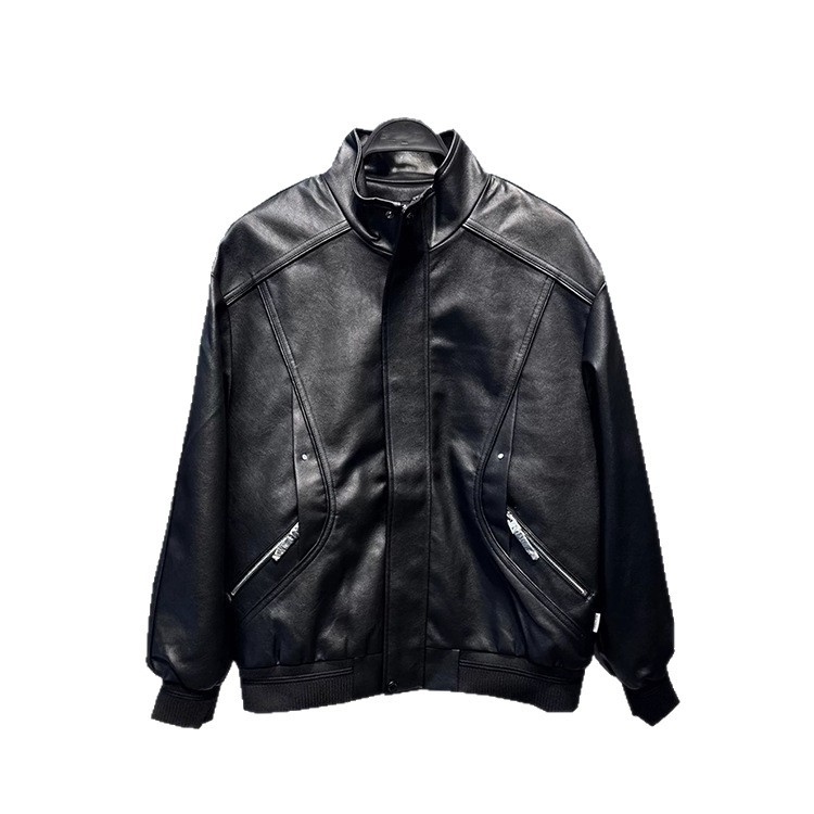 Izvorni dizajn, jesen 2025, retro PU jakna sa stojećim ovratnikom, crna, casual biker stil za muškarce