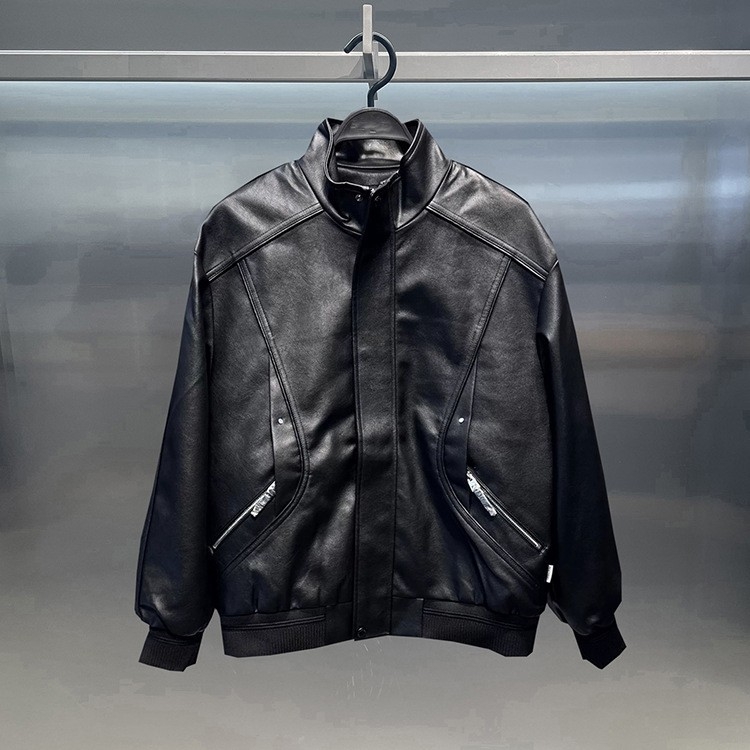 Izvorni dizajn, jesen 2025, retro PU jakna sa stojećim ovratnikom, crna, casual biker stil za muškarce