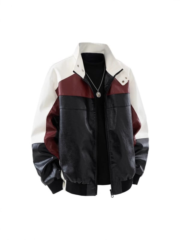 Мъжко PU кожено мотоциклетно яке със стояща яка, американски стил, свободен силует