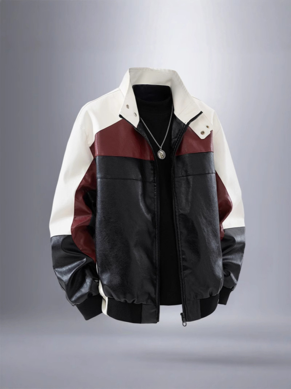 Мъжко PU кожено мотоциклетно яке със стояща яка, американски стил, свободен силует