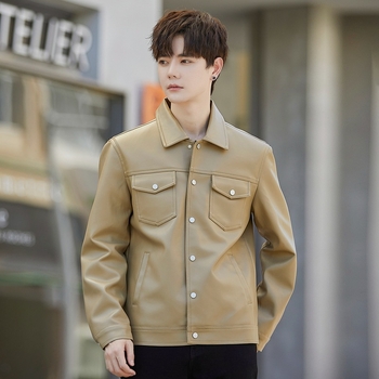 Мъжко PU кожено яке - тясна кройка, ежедневен стил, цип, корейски стил, за есенно-зимния сезон