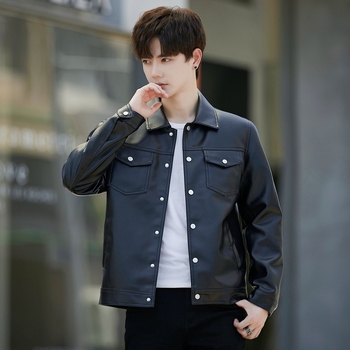 Мъжко PU кожено яке - тясна кройка, ежедневен стил, цип, корейски стил, за есенно-зимния сезон