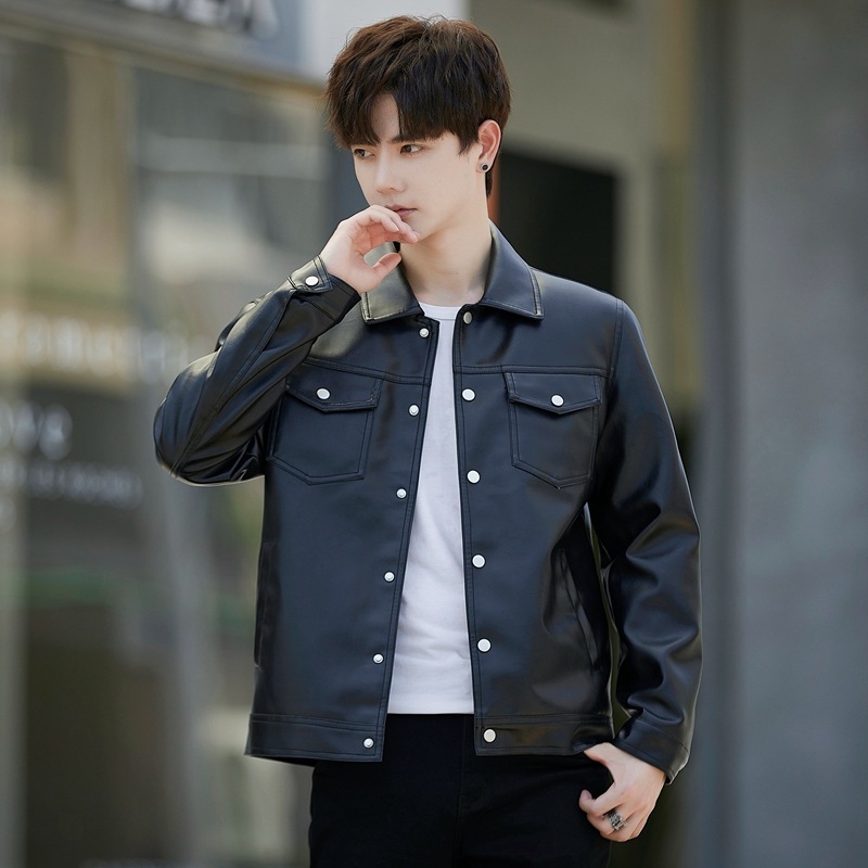 Мъжко PU кожено яке - тясна кройка, ежедневен стил, цип, корейски стил, за есенно-зимния сезон