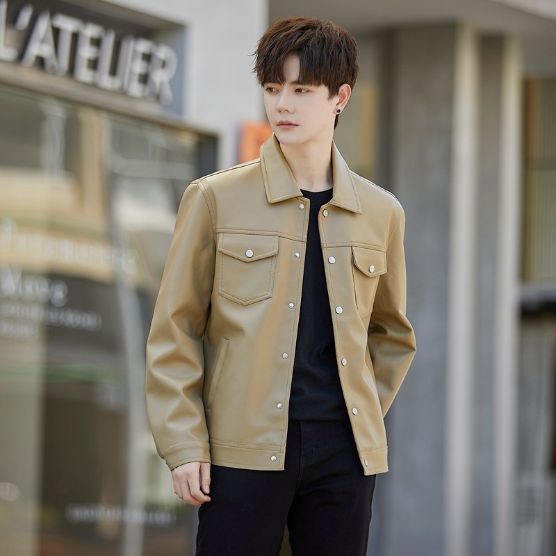 Мъжко PU кожено яке - тясна кройка, ежедневен стил, цип, корейски стил, за есенно-зимния сезон