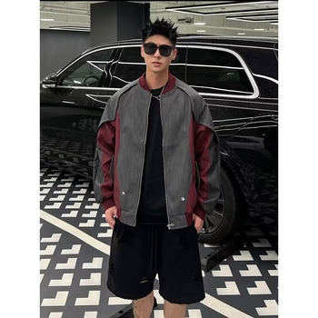 Američko retro dekonstruirana patchwork kožna jakna za muškarce, urbani stil, bomber jakna s color-block bojama