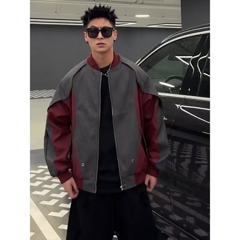 Američko retro dekonstruirana patchwork kožna jakna za muškarce, urbani stil, bomber jakna s color-block bojama