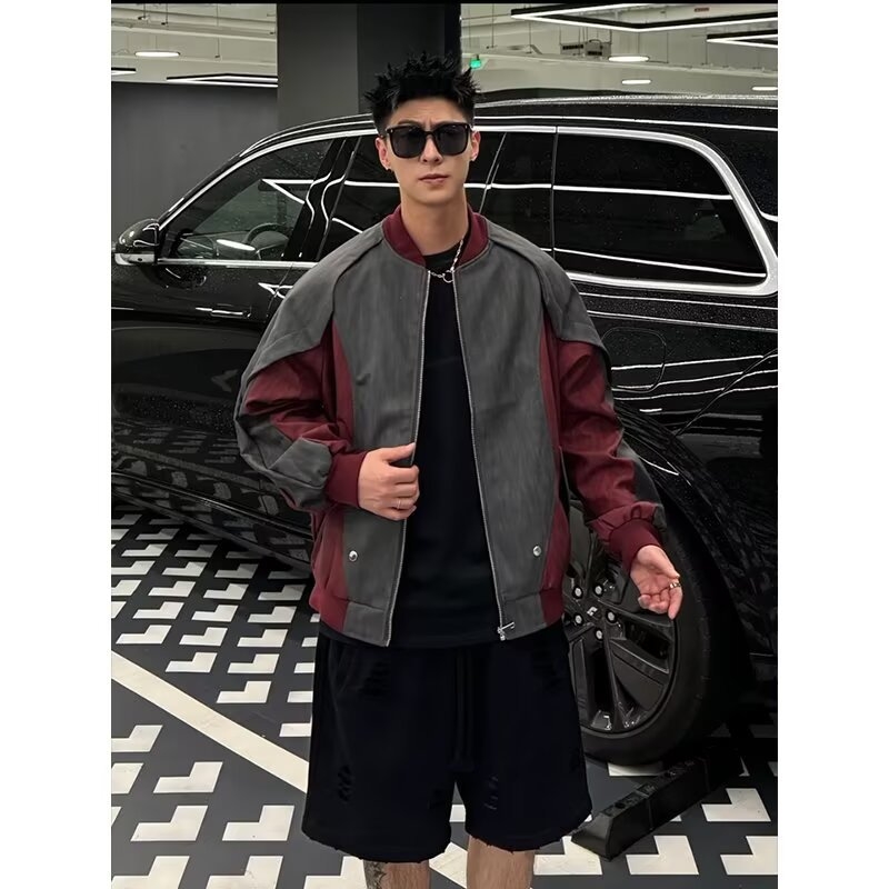 Američko retro dekonstruirana patchwork kožna jakna za muškarce, urbani stil, bomber jakna s color-block bojama