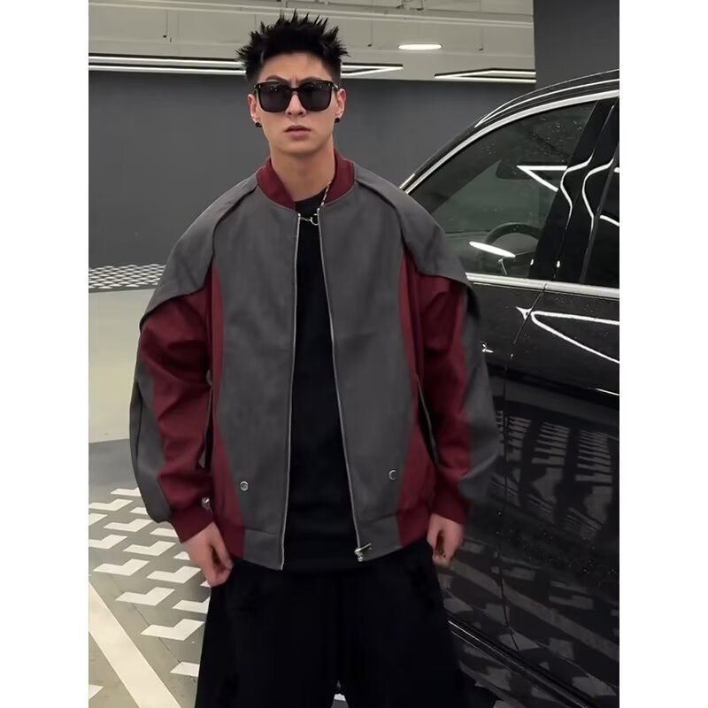 Američko retro dekonstruirana patchwork kožna jakna za muškarce, urbani stil, bomber jakna s color-block bojama