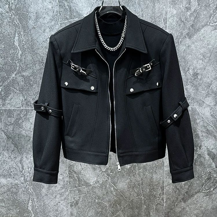 Muška kratka jakna s metalnim dekonstruiranim dizajnom, opušten bikerski stil, širok kroj