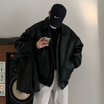 Мъжко PU кожено яке в корейски стил с двойна ципа и раменни подплънки, байкерски дизайн за есенно-зимния сезон