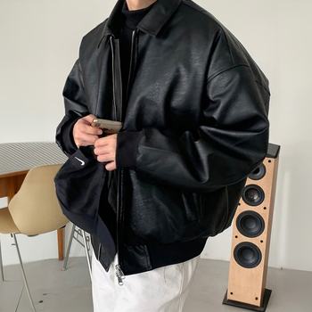 Мъжко PU кожено яке в корейски стил с двойна ципа и раменни подплънки, байкерски дизайн за есенно-зимния сезон