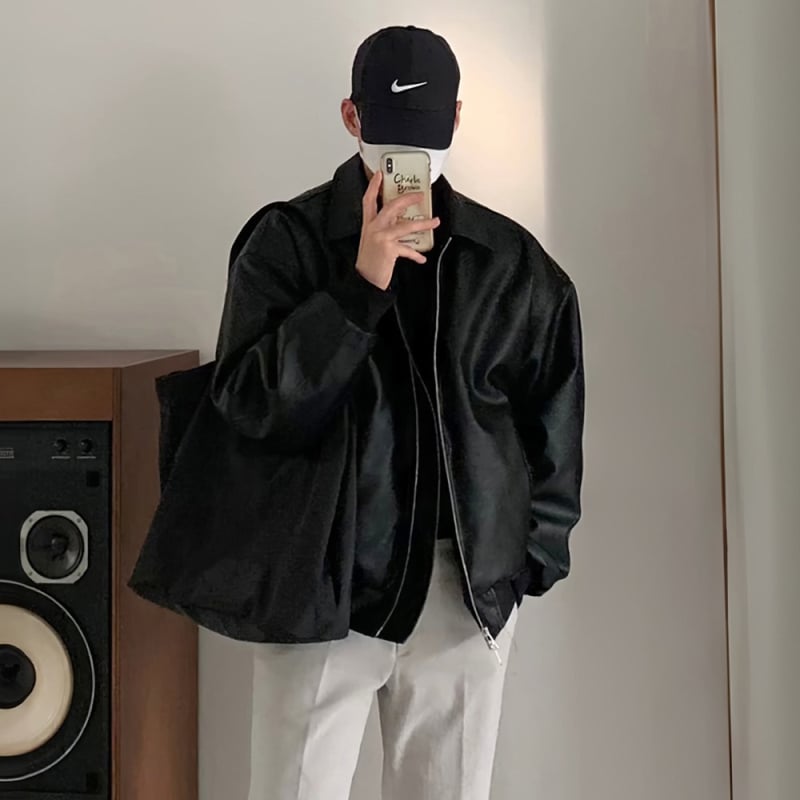 Мъжко PU кожено яке в корейски стил с двойна ципа и раменни подплънки, байкерски дизайн за есенно-зимния сезон