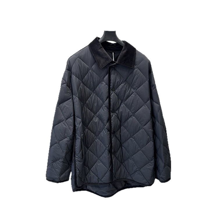 Мъжко леко пухено яке, 2025 есен-зима, панелен дизайн с яка, диамантено квилтирано, без качулка, дълъг модел