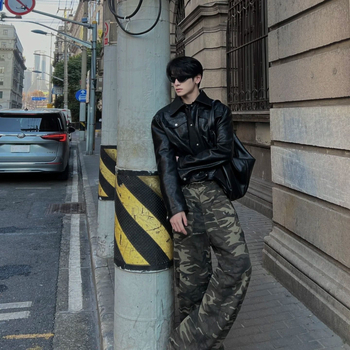 Мъжко PU кожено яке, къс модел, мотоциклетен стил, корейски дизайн, модерен и универсален с множество джобове