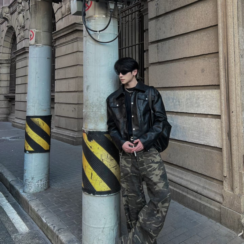 Мъжко PU кожено яке, къс модел, мотоциклетен стил, корейски дизайн, модерен и универсален с множество джобове