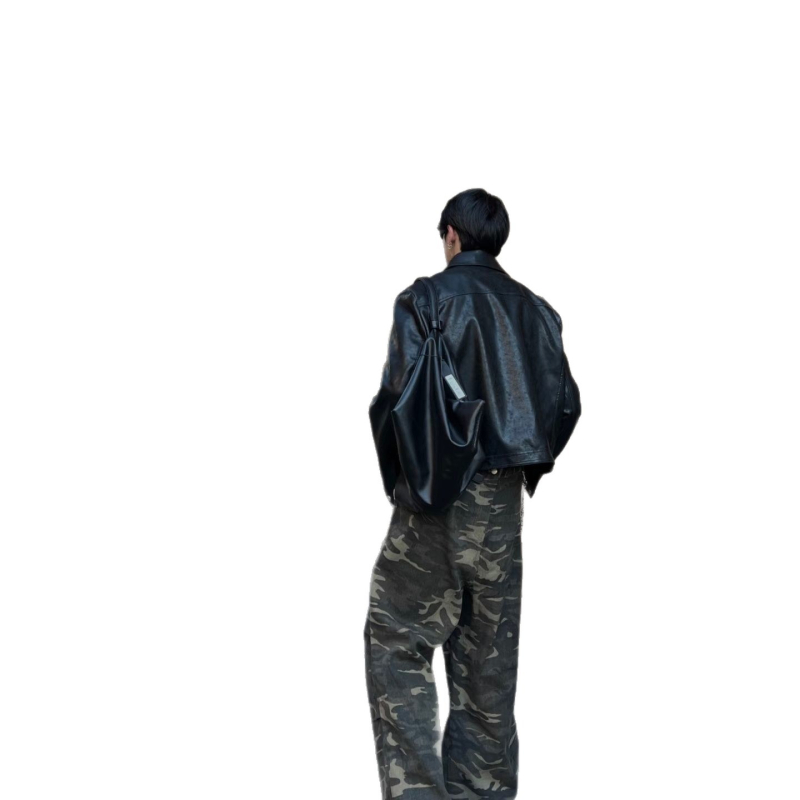 Мъжко PU кожено яке, къс модел, мотоциклетен стил, корейски дизайн, модерен и универсален с множество джобове