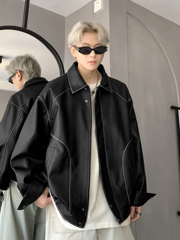 Мъжко PU кожено яке в стил уличен мотоциклет, свободна кройка, премиен вид