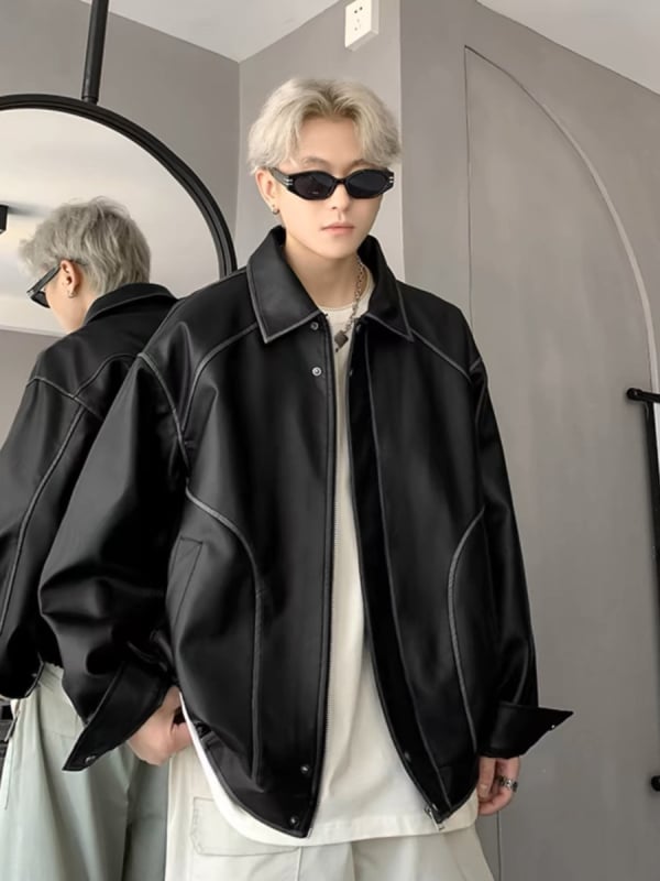 Мъжко PU кожено яке в стил уличен мотоциклет, свободна кройка, премиен вид