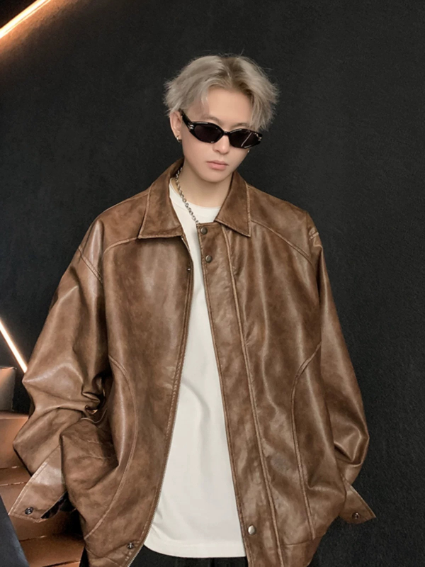 Мъжко PU кожено яке в стил уличен мотоциклет, свободна кройка, премиен вид