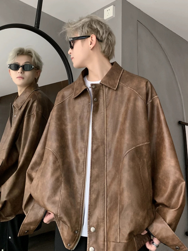 Мъжко PU кожено яке в стил уличен мотоциклет, свободна кройка, премиен вид