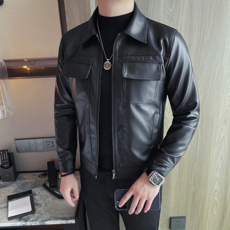 Мъжко PU кожено яке с големи джобове — тънък силует, корейски стил, луксозно леко PU яке за пролет и есен