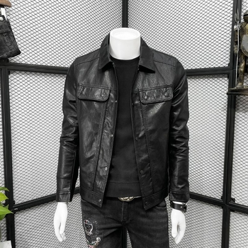 Мъжко PU кожено яке за пролет-есен 2025, тънък силует, байкерски стил, къс модел, ежедневен стил