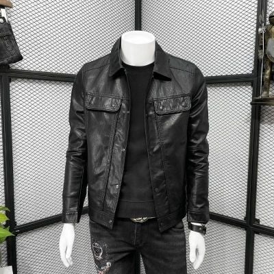 Мъжко PU кожено яке за пролет-есен 2025, тънък силует, байкерски стил, къс модел, ежедневен стил