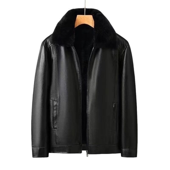 Мъжко PU кожено яке с подплата от флис и сваляна яка с пух – луксозно зимно яке