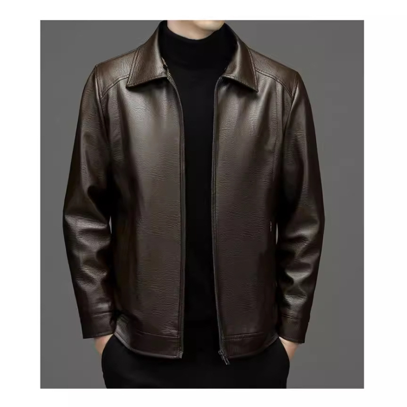 Мъжко PU кожено яке с подплата от флис и сваляна яка с пух – луксозно зимно яке