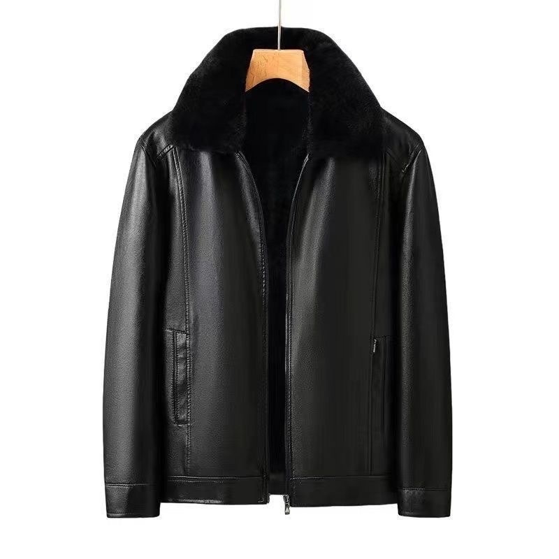 Мъжко PU кожено яке с подплата от флис и сваляна яка с пух – луксозно зимно яке