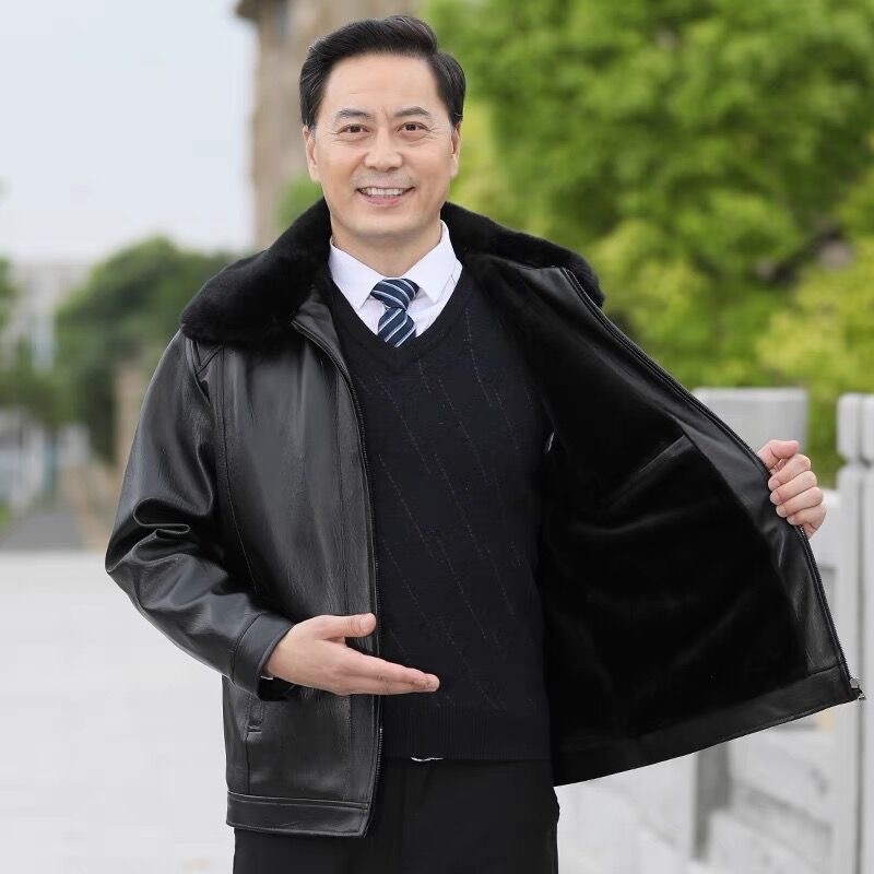 Мъжко PU кожено яке с подплата от флис и сваляна яка с пух – луксозно зимно яке