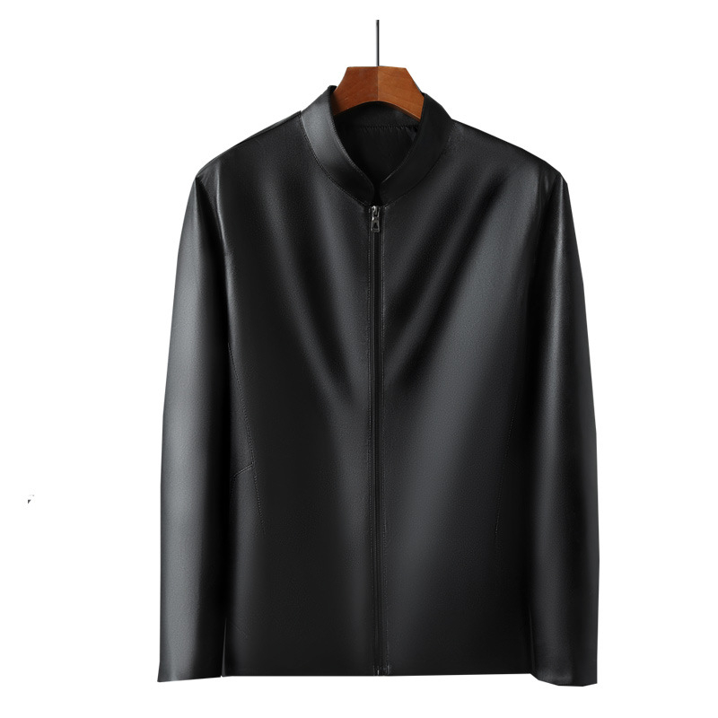 Мъжко кожено яке със стояща яка за пролет и есен, тънък бизнес стил за мъже в средна и напреднала възраст