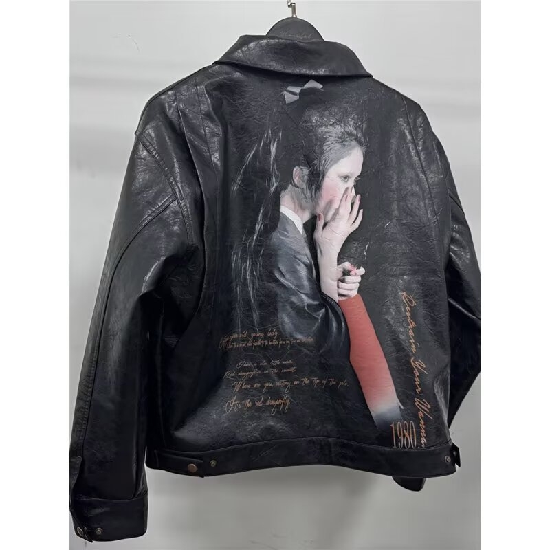 PU кожено яке с мотив стрекоза, американски стил, Harajuku вдъхновение, минималистичен дизайн