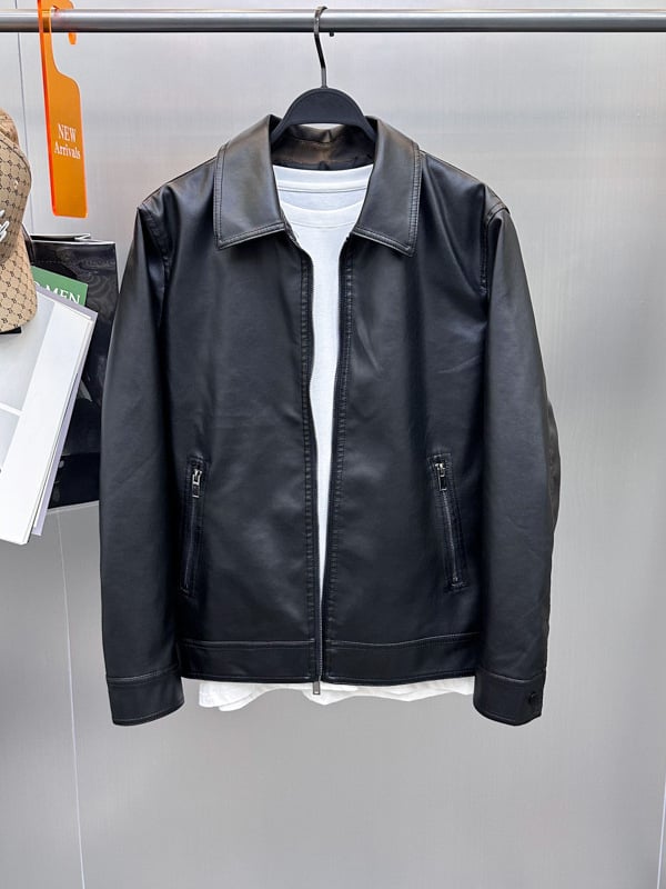 Мъжко PU кожено яке, тънък силует, яка с ревери, цип отпред, ежедневен мотоциклетен стил