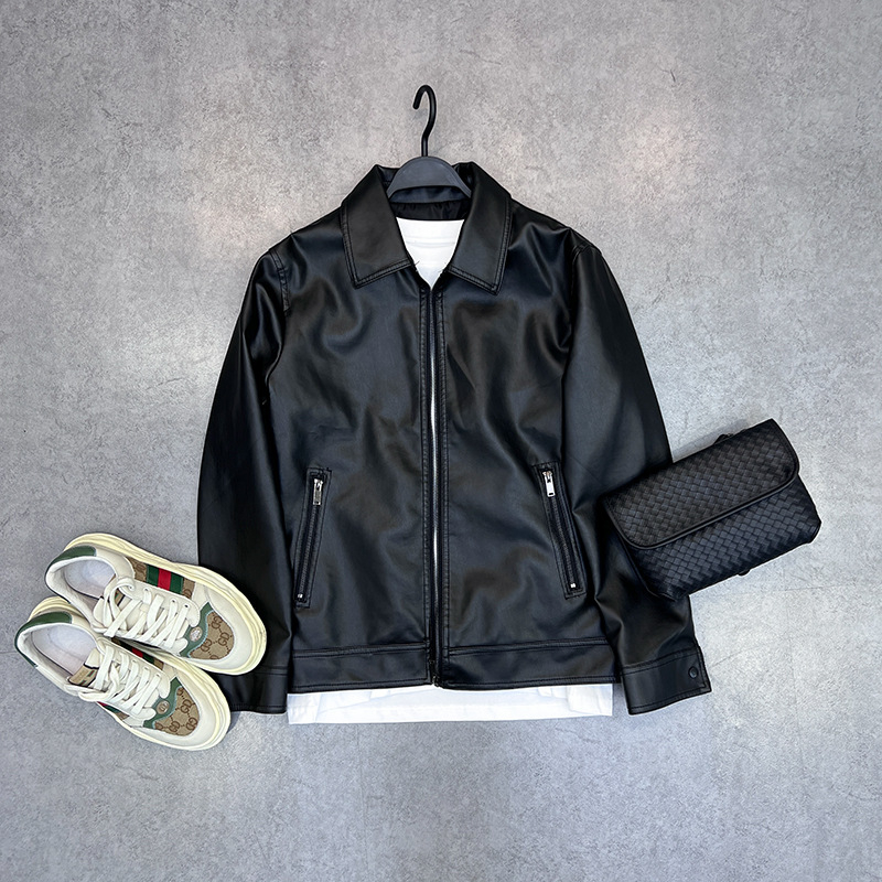 Мъжко PU кожено яке, тънък силует, яка с ревери, цип отпред, ежедневен мотоциклетен стил